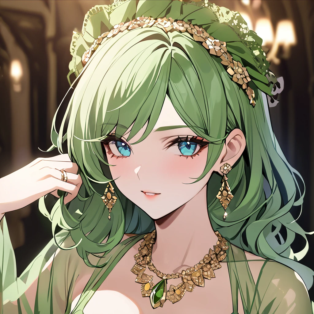 ((highest quality)), ((masterpiece)), (detailed), （Perfect Face）、The woman is Lydia, a blue-eyed woman with long, lightly wavy, asymmetrical green hair and a gold hair accessory. She is wearing a gorgeous head dress chain, a gorgeous necklace, gorgeous earrings, gorgeous bracelets, and an engagement ring.、The woman is wearing a green see-through outfit.