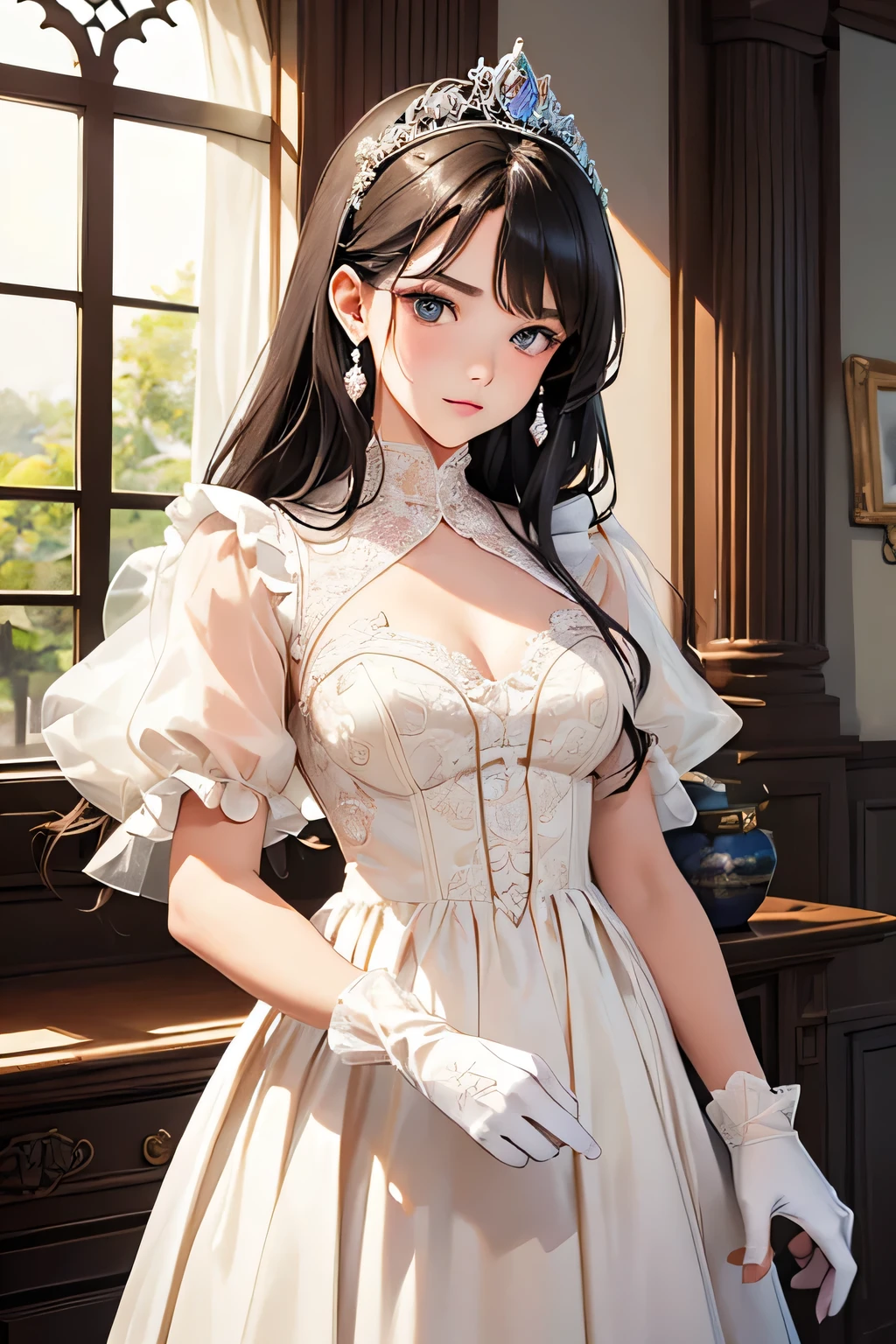 highest quality、High resolution、Detailed Background、(Beautiful face in every detail:1.4)、Anatomically correct、(Detailed facial expressions)、(Detailed eyes:1.2)、Teenage beauty、(Highly detailed face:1.4)、Black Hair、Brown Hair、Braided long hair、Wavy Hairstyle、well-groomed eyebrows、Cute Eye Makeup、Cute Lip Makeup、Do cute things、Princess Style、Elegant atmosphere、

(A girl dressed like an elegant princess in a spacious Western-style mansion:1.5)、

I chose a chiffon frilled blouse from Elegant atmosphere.、
Pastel colors such as pink and lavender are elegant and princess-like.、
A romantic tiered long skirt、
The white and ivory chiffon and lace are beautiful.、
Wear a short bolero with frills and ribbons.、
We recommend beige or light blue for a glamorous look.、
Use a classy pearl tiara as a hair accessory.、
Wear elegant lace gloves、
Delicate details such as ruffles and ribbons create an elegant look.、
Pair it with accessories like a tiara or gloves、

Ornate marble staircase、A luxuriously decorated reception room with high ceilings、A painting room decorated with paintings, sculptures and other artworks、A library with books and magazines、Four Seasons Discount々Flowers々A garden in full bloom、The interior of the Western-style building and garden、very beautiful