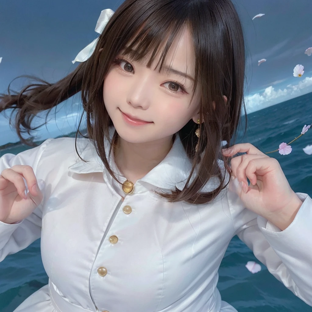 (Dynamic Angle:1.3),Extreme close up,((the wind is strong)),映画ofハイライト,1人of女of子,Upper Body,dancing,View your viewers, ((丘of上で, alone)), jewelry, blank eyes,brooch, 茶hair,( 長いhair:1.2),floating hairlong_sleeve, ribbon, Jacket, dress, gem, hair_ribbon,null, depth_of_Field, a close view of flying petal,Smiling face,((wince))