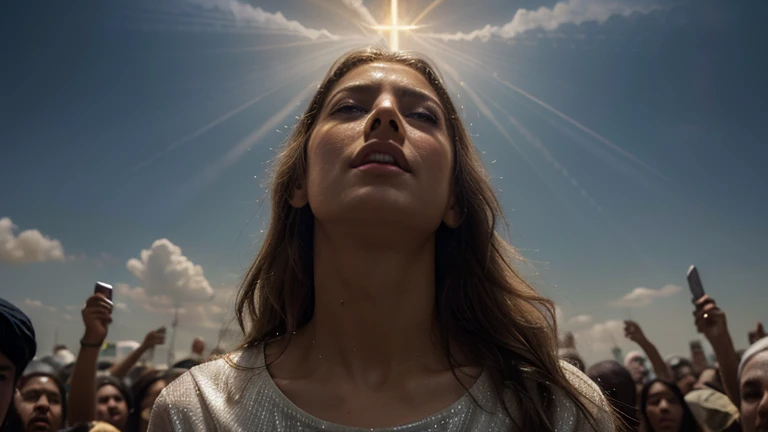 The sky opened, revealing a dazzling light. Christ appeared, majestic and serene, with shining clothes. Millions of angels accompany him. People everywhere looked up, some in ecstasy, others in regret. The world stopped to witness the return of the Savior.