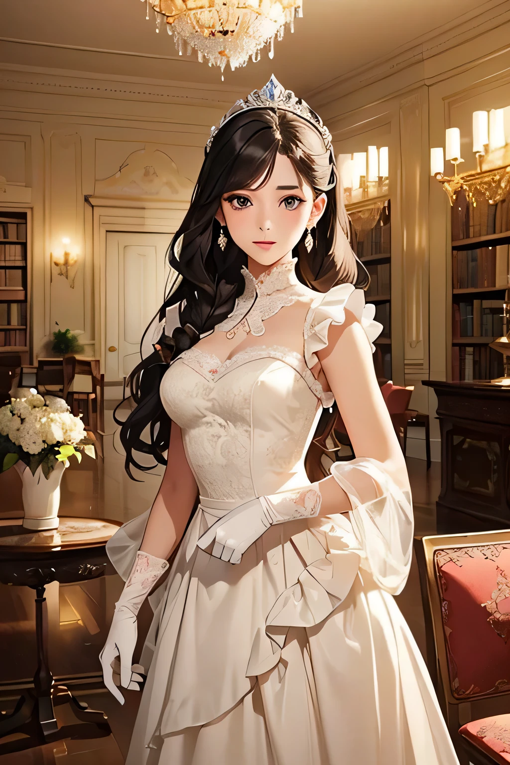 highest quality、High resolution、Detailed Background、(Beautiful face in every detail:1.4)、Anatomically correct、(Detailed facial expressions)、(Detailed eyes:1.2)、Teenage beauty、(Highly detailed face:1.4)、Black Hair、Brown Hair、Braided long hair、Wavy Hairstyle、well-groomed eyebrows、Cute Eye Makeup、Cute Lip Makeup、Do cute things、Princess Style、Elegant atmosphere、

(A girl dressed like an elegant princess in a spacious Western-style mansion:1.5)、

I chose a chiffon frilled blouse from Elegant atmosphere.、
Pastel colors such as pink and lavender are elegant and princess-like.、
A romantic tiered long skirt、
The white and ivory chiffon and lace are beautiful.、
Wear a short bolero with frills and ribbons.、
We recommend beige or light blue for a glamorous look.、
Use a classy pearl tiara as a hair accessory.、
Wear elegant lace gloves、
Delicate details such as ruffles and ribbons create an elegant look.、
Pair it with accessories like a tiara or gloves、

Ornate marble staircase、A luxuriously decorated reception room with high ceilings、A painting room decorated with paintings, sculptures and other artworks、A library with books and magazines、Four Seasons Discount々Flowers々A garden in full bloom、The interior of the Western-style building and garden、very beautiful