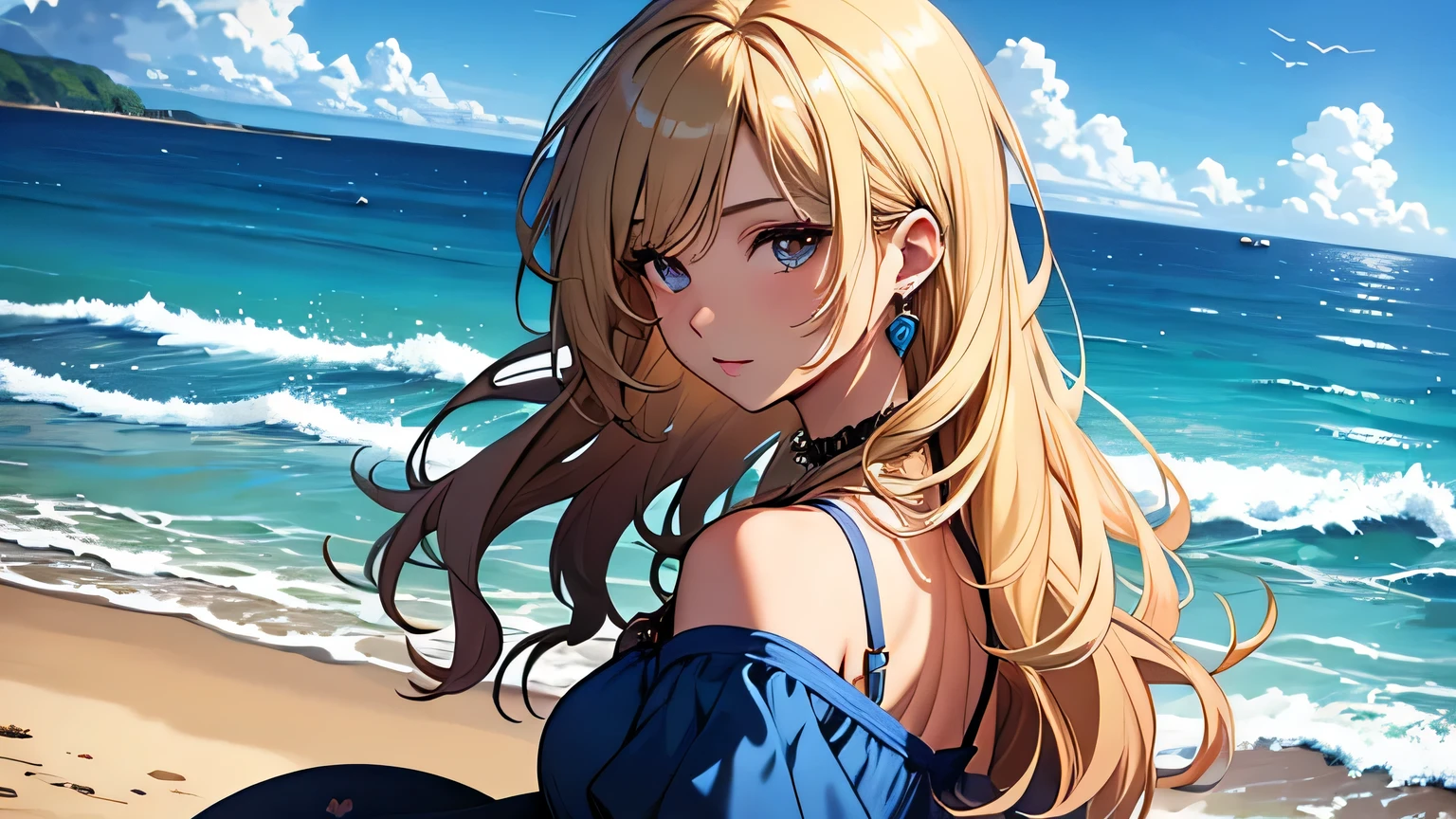 ((highest quality)), ((masterpiece)), (detailed), Perfect Face、Walking along the beach、blonde、Smooth Hair、Blue Dress、Earrings、necklace、look back、Upper Body、