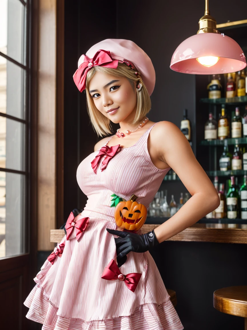 35mm photograph, film, bokeh, professional, 4k, highly detailed, fully body, cinematic photo of Asian playboy bunny, woman, very short blonde hair, punk, undercut, androgynous, ladyboy, transexual, shemale, flat-chested, suicidegirl, pussy, heavy makeup, makeup, playboy, bunnysuit, bunnyears, bunnycostume, carrying a tray with drinks at a party <lora:playboy bunny 1b:1>
