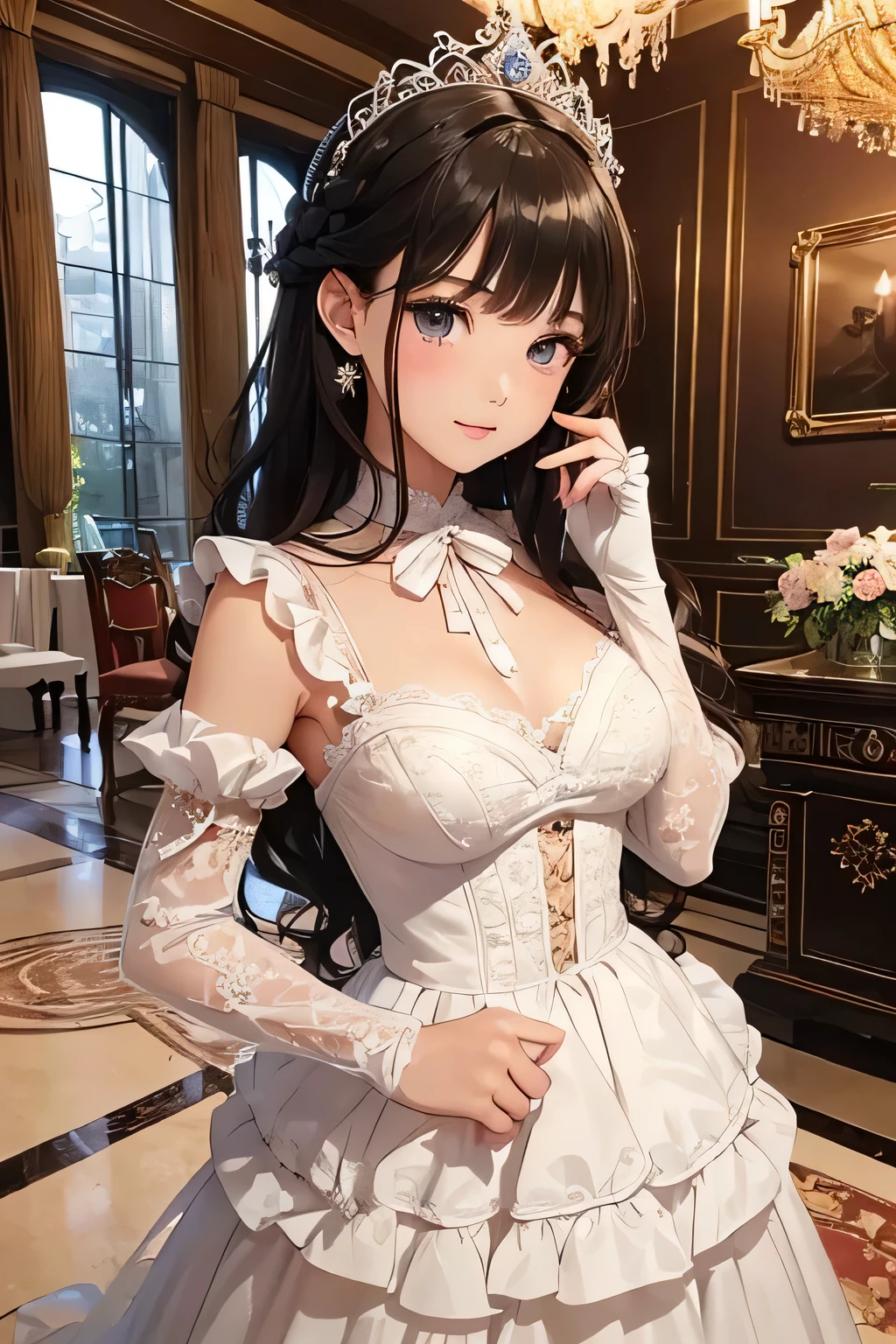 highest quality、High resolution、Detailed Background、(Beautiful face in every detail:1.4)、Anatomically correct、(Detailed facial expressions)、(Detailed eyes:1.2)、Teenage beauty、(Highly detailed face:1.4)、Black Hair、Brown Hair、Braided long hair、Wavy Hairstyle、well-groomed eyebrows、Cute Eye Makeup、Cute Lip Makeup、Do cute things、Princess Style、Elegant atmosphere、

(A girl dressed like an elegant princess in a spacious Western-style mansion:1.5)、

I chose a chiffon frilled blouse from Elegant atmosphere.、
Pastel colors such as pink and lavender are elegant and princess-like.、
A romantic tiered long skirt、
The white and ivory chiffon and lace are beautiful.、
Wear a short bolero with frills and ribbons.、
We recommend beige or light blue for a glamorous look.、
Use a classy pearl tiara as a hair accessory.、
Wear elegant lace gloves、
Delicate details such as ruffles and ribbons create an elegant look.、
Pair it with accessories like a tiara or gloves、

Ornate marble staircase、A luxuriously decorated reception room with high ceilings、A painting room decorated with paintings, sculptures and other artworks、A library with books and magazines、Four Seasons Discount々Flowers々A garden in full bloom、The interior of the Western-style building and garden、very beautiful