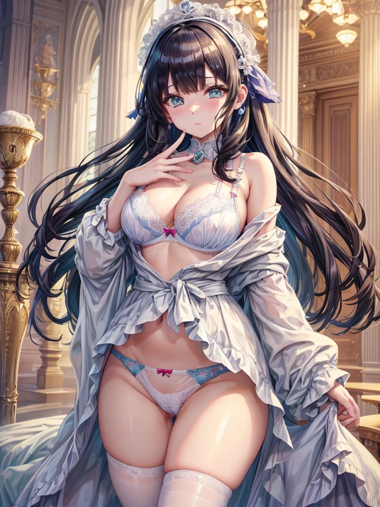 (((Best Quality, 8K, 32K, masterpiece, 1.2)))),{{solo}},nsfw,{{{Artist: Torino Aqua's style}}},((perfect beautiful face:1.2)), oyakodon, mother and daughter, showing panties and bra, sexy trimmed bra and panties,((aside panties with fingers,, half visible vivid pussy:1.2)), embarrassed, blush, netorare face,