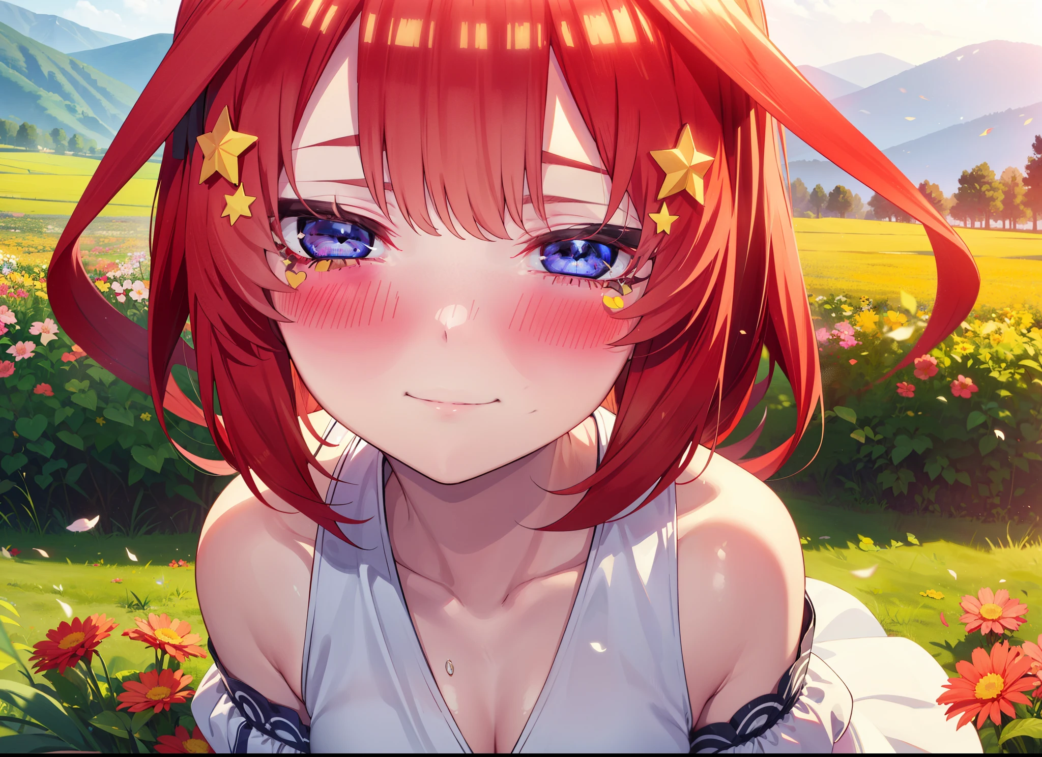 itsukinakano, Itsuki Nakano,One Girl, bangs, blue eyes, Hair between the eyes, Ahoge, Redhead, star \(symbol\), hair ornaments, star hair ornaments,Big Breasts,Squint both eyes,blush,happy smile, smile, shut up.,White Sleeveless Dress,Bare arms,Heart Pendant,Long skirt,Barefoot flower crown,whole bodyがイラストに入るように,Sitting,Looking up from below,evening,sunset,Morning Sets,
break looking at viewer, whole body,
break outdoors, nature,Flower Field,Large Lake,
break (masterpiece:1.2), highest quality, High resolution, unity 8k wallpaper, (shape:0.8), (Beautiful details:1.6), Highly detailed face, Perfect lighting, Highly detailed CG, (Perfect hands, Perfect Anatomy),