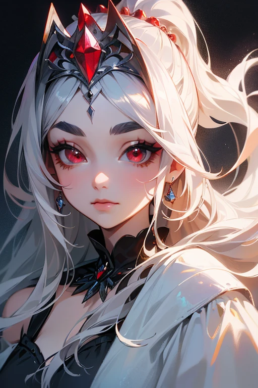 (highest quality, masterpiece:1.2), High resolution, Very detailed, Realistic:1.37, Fantasy, An illustration, Hair is whiteいです、Red eyes、Queen, dress.Platinum decoration、beautifully、Eyeshadow Red、Thick eyebrows、Long eyelashes、pupils are black、Hair is whiteい、Kissing Face、Embarrassing、Loved、ponytail、Hair is white、very cute、Shoulder Bare、platinum tiara、Beautiful hair ornaments、Silver Tiara、Sharpen the face、Adult female、Sharp Face、