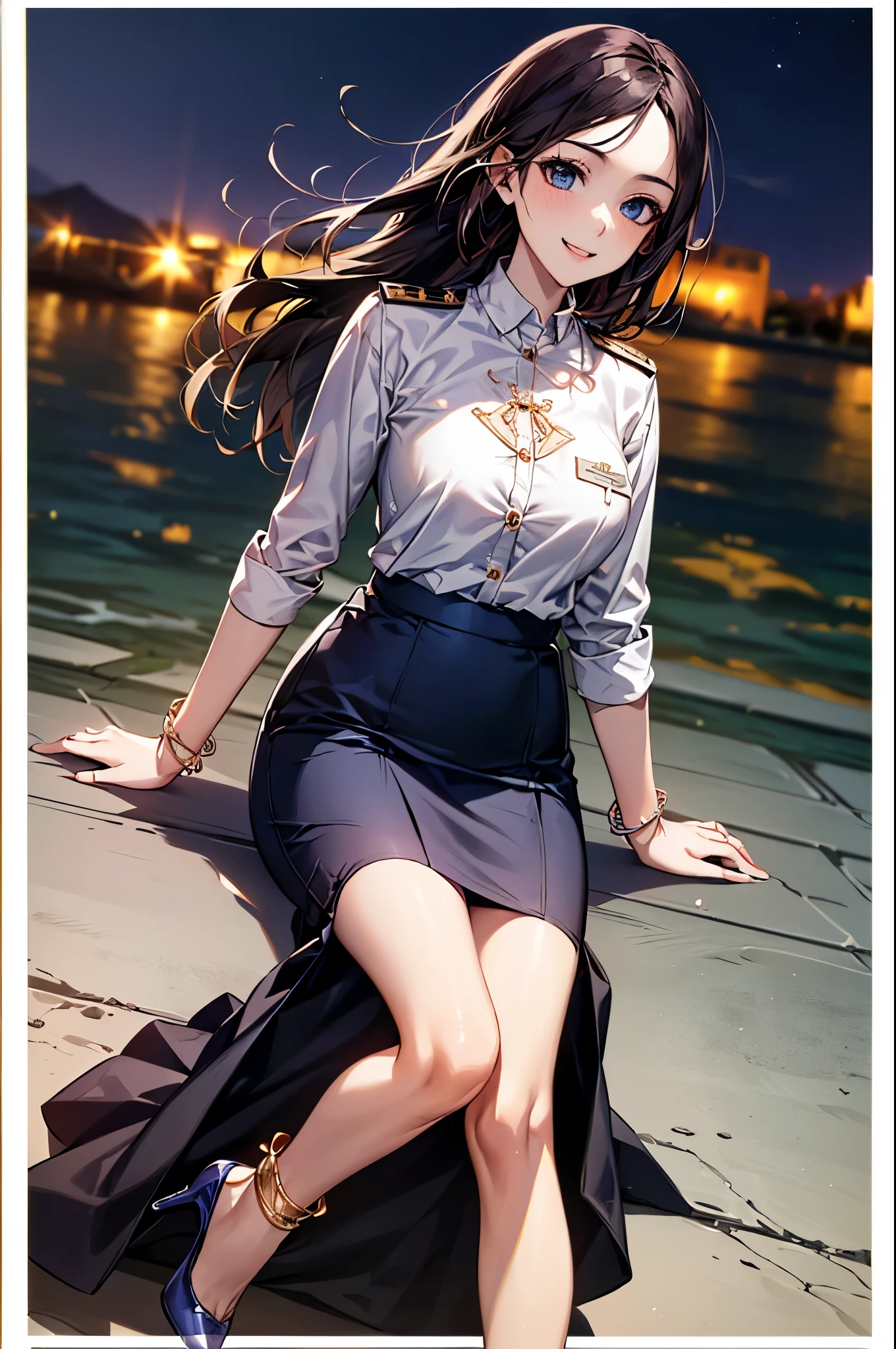 Masterpiece, Best quality, Realistic, 2guys, cute female, Sexy and charming girl, 20-year-old girl, Very attractive looking girl, Extremely detailed face, ((dark gray eyes)), ((Right sweep long dark brown hair)), [Slender eyebrows], Detective, International city, Short black skirt，Black T-shirt，Leaky shoulders，Bigchest，high-heels,black lence stockings， Cinematic lighting, holding cell phone, Postural dynamics,eyes looking at viewer，Stand on deck，Ship，Looking at the sea，the sea，Holding a boy，a handsome，On the boat
