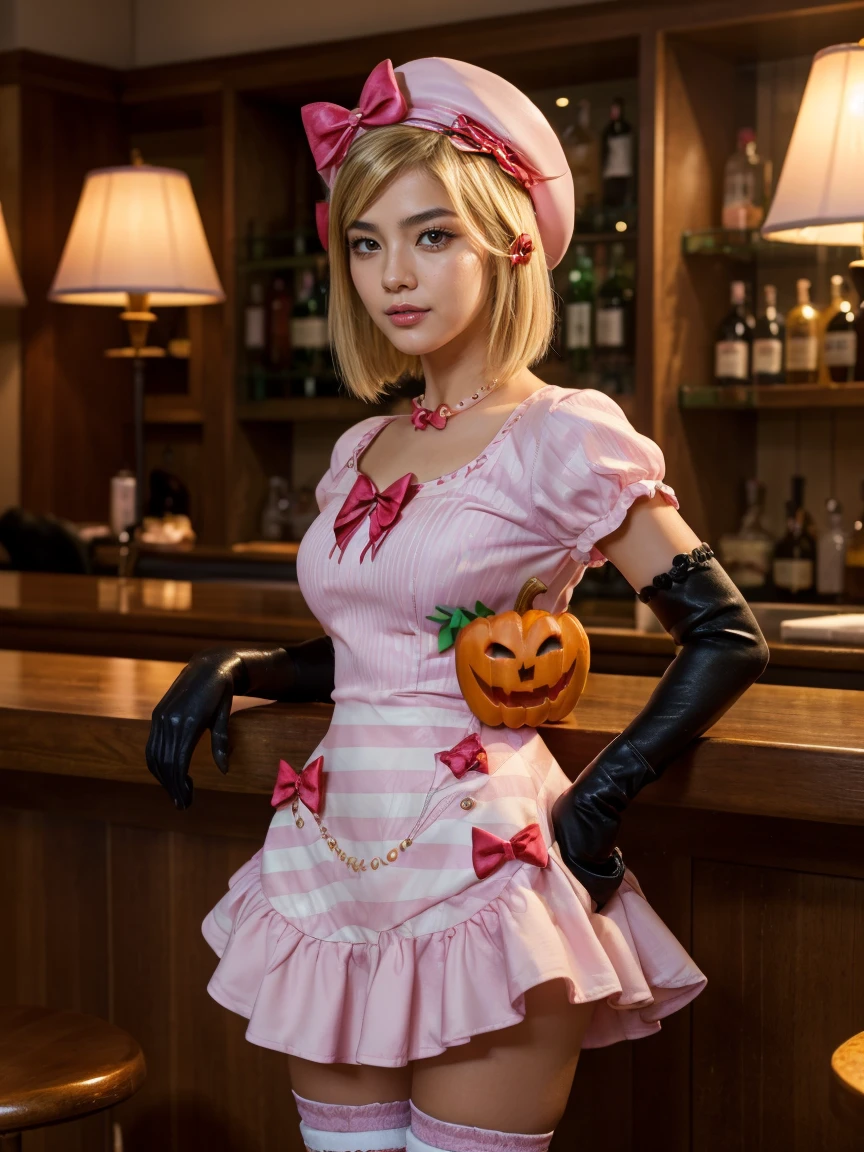 (1 lady), The beautiful, (Best quality at best:1.4), (ultra - detailed), (extremely detailed CG unified 16k), gold blonde hair, very detailed, High-definition RAW color photo, professional photoshooting, amazing face and eyes, cosmetics, (amazingly beautiful girl), ((lambdadelta)), ((dress, shoes bow, red shoes, striped stockings, red bow, pink hat, necklace, gloves, pearl, pumpkin brooch, pink dress)), standing, sexyposture,(Dark and stylish bar, drinks, lamp lights, lamp lights:1.3), (look from down), realistic cinematic face, head to feet long wide zoomed out view, full body long view, photorealistic, ((realistic natural blonde hair style, honey eyes)), gorgeous, extremely beautiful face, perfect model beauty, pout mouth, flirting smile, cleavages, city girl, western, shopping in the city, (masterpiece), best quality, high resolution, extremely detailed, blurred background, depth of field, cinematic lighting, amazing legs, high heels, clear and well-cared skin