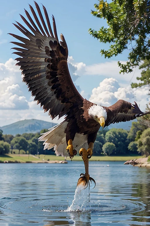 Draw an eagle hunting fish in sunny weather