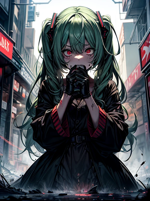 Ahegao、miku hatsune、Green hair、Black Dress、Very fellow humanoid characters, red eyes, She's crazy, nutty, horor, is scared, is scared, Shock value, Very diabolical, evocation, terrorism, terrorism, terrorism, rot, feeling of disgust, She is a psychopath, murky, extremely pale, paler, matted,, seem, terrifying, disease, Background ruins, gore, Bloody_mano, Yui, full body Esbian, (Messy_long_murky_Haar), Bosseler, evil eyes, Bright eye, psychopath,