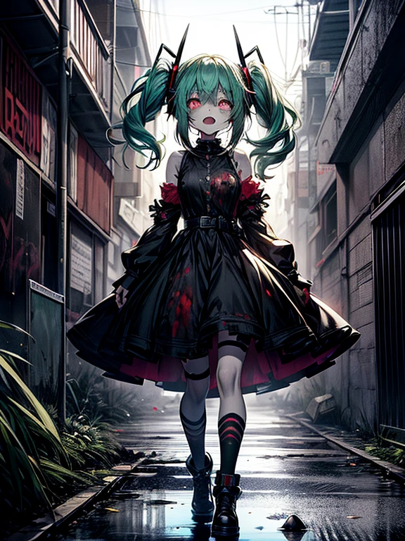 Ahegao、miku hatsune、Green hair、Black Dress、Very fellow humanoid characters, red eyes, She's crazy, nutty, horor, is scared, is scared, Shock value, Very diabolical, evocation, terrorism, terrorism, terrorism, rot, feeling of disgust, She is a psychopath, murky, extremely pale, paler, matted,, seem, terrifying, disease, Background ruins, gore, Bloody_mano, Yui, full body Esbian, (Messy_long_murky_Haar), Bosseler, evil eyes, Bright eye, psychopath,