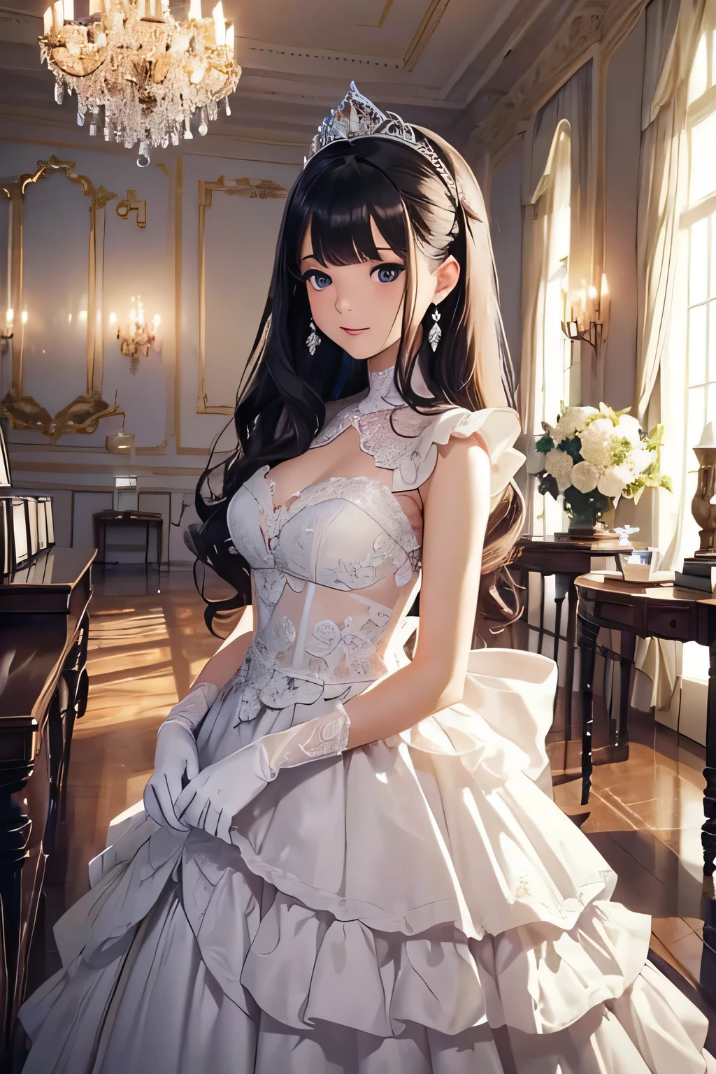 highest quality、High resolution、Detailed Background、(Beautiful face in every detail:1.4)、Anatomically correct、(Detailed facial expressions)、(Detailed eyes:1.2)、Teenage beauty、(Highly detailed face:1.4)、Black Hair、Brown Hair、Braided long hair、Wavy Hairstyle、well-groomed eyebrows、Cute Eye Makeup、Cute Lip Makeup、Do cute things、Princess Style、Elegant atmosphere、
(A girl dressed like an elegant princess in a spacious Western-style mansion:1.5)、
I chose a chiffon frilled blouse from Elegant atmosphere.、
Pastel colors such as pink and lavender are elegant and princess-like.、
A romantic tiered long skirt、
The white and ivory chiffon and lace are beautiful.、
Wear a short bolero with frills and ribbons.、
We recommend beige or light blue for a glamorous look.、
Use a classy pearl tiara as a hair accessory.、
Wear elegant lace gloves、
Delicate details such as ruffles and ribbons create an elegant look.、
Pair it with accessories like a tiara or gloves、
Ornate marble staircase、A luxuriously decorated reception room with high ceilings、A painting room decorated with paintings, sculptures and other artworks、A library with books and magazines、Four Seasons Discount々Flowers々A garden in full bloom、The interior of the Western-style building and garden、very beautiful