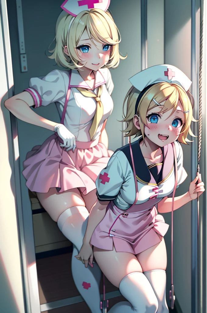 kagamine rin , One girl, Nurse Costume, Nurse cap, Whiteware, ((Legwear Swing, zettai ryouiki)), White gloves, Blonde, blue eyes, Pink Lips, They're laughing, Are standing, ((Hospital room)), Sharp contours, Short sleeve, Best Quality, masterpiece