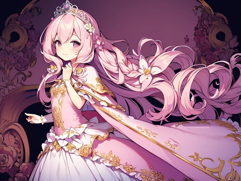 (kawaii),(best quality),(ultra detailed),(rococo style),(long train pastel pink cape:1.15), very long cape,(long train white ball gown with flower decorations:1.1), a girl is wearing a cape over her gown, 1 little princess, tiara, smile, very long hair, small , beautiful detailed eyes, beautiful detailed lips, looking at viewer
