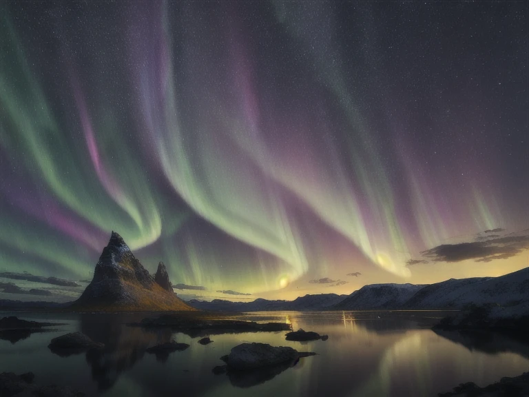 landscape, Ultra high quality, (Background Asgard), detail, light, 8K, (Northern Lights in the sky), constellation, (Background Asgard)