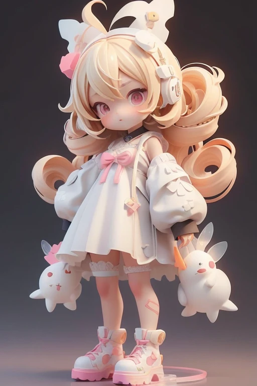 Cute, wrapped in clear plastic, Little, White dress, Shinobu Oshino, Blonde, Long Hair, Straight Hair, Simple and light background, 3D Toys, Cyberpunk Style, Cinema 4D, Octane Rendering, 3D Model, Collectible toys,Nendoroid,Street Style,Pixar,Big shoes , Fashion Trends, close, Full Body --AR 3:4 --q 2 50 --niji 5 --niji 5 --s 100 --style expressive --s 2,
