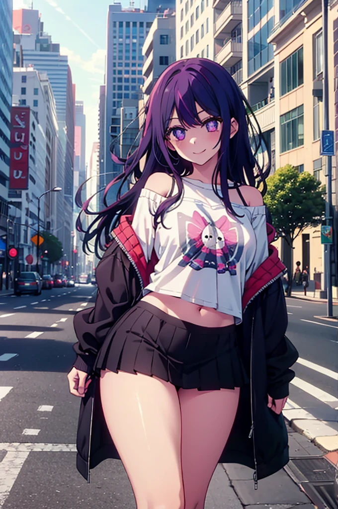 realistic image, coherent image, detailed image, 1 beautiful girl. She has purple hair, long hair. Her eyes are berry pink, with a six-pointed star in each of her eyes, long eyelashes. Her face is oval and delicate, smiling. She is wearing a long-sleeved off-the-shoulder t-shirt, showing her navel, pleated mini skirt, sneakers, she has a curvy body, medium breasts, thick thighs, urban background, surrounded by buildings, natural lighting, volumetric lighting,