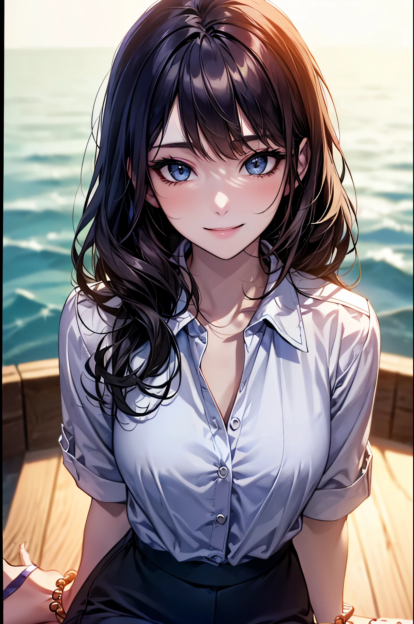 ((Biologically correct limb count))、(( whole body including face))、4K、Masterpiece、((Focus on the face))、((Symmetrical, well-proportioned facial features))、Eyes with delicate depictions、(((1 person)))、Beautiful woman、Outstanding style、Slender Body、、((Navy blue military uniform、shirt、Checked Skirt,(High heels with anklets)))、(((coastal)))、(Smiling and smiling)、(Close-up photo of the upper body)、High angle、Photos with a white border around them、night、