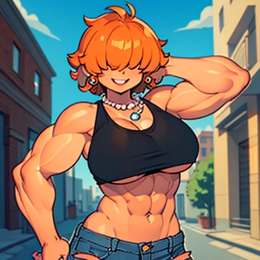 ,High quality,Female ,((hair covering eyes,fluffy hair,short hair,Teeth,smiling,(muscular,breasts),solo,orange hair,toned,Earrings,2 arms, Pearl Necklace,jeans,in a street,black tank top,underboob,