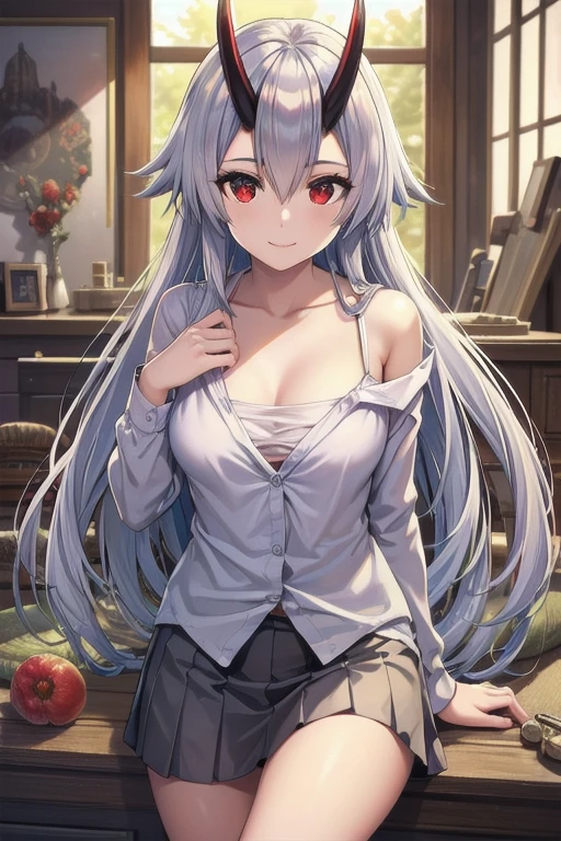 tomoe gozen, 1person, red eyes, cute smile, hair between eyes, silver hair, very long hair, oni horns, looking at viewer, open blouse, small cleavage, skirt, (best quality,4k,8k,highres,masterpiece:1.2),ultra-detailed,(realistic,photorealistic,photo-realistic:1.37),torino style,vivid colors,professional,HDR,UHD,studio lighting,ultra-fine painting,sharp focus,physically-based rendering,extreme detail description