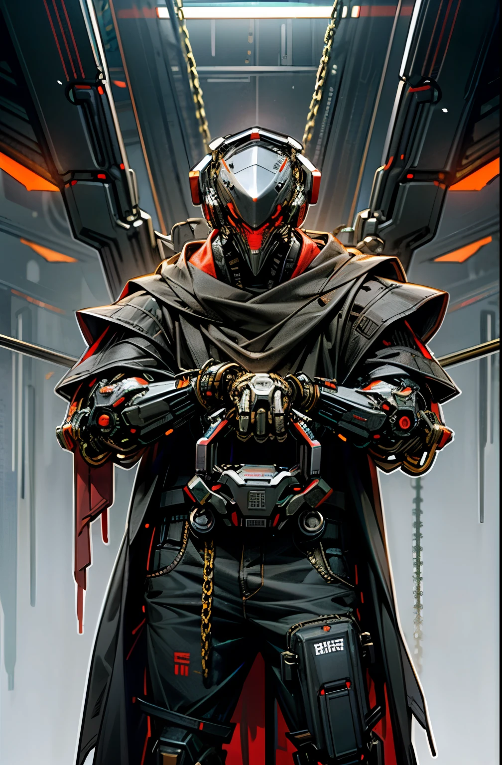 Dark_Fantasy,Cyberpunk,(chain saw,chain saw man,Red:1.1),1man,Mechanical marvel,Robotic presence,Cybernetic guardian,