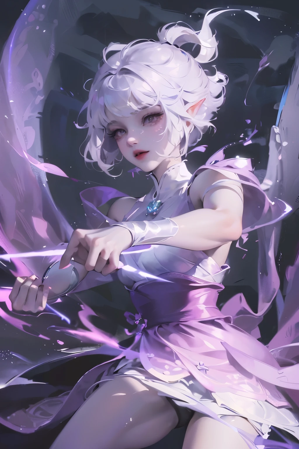 (Extremely detailed CG unity 8k wallpaper, masterpiece, best quality, Extremely detailed), (Optimal lighting, The best shadow, Extremely delicate and beautiful), Very cool, Dynamic, and original young girl characters (Dynamic pose) Silver (Pixie Short Hair: 1.3) Can reflect light beautifully.