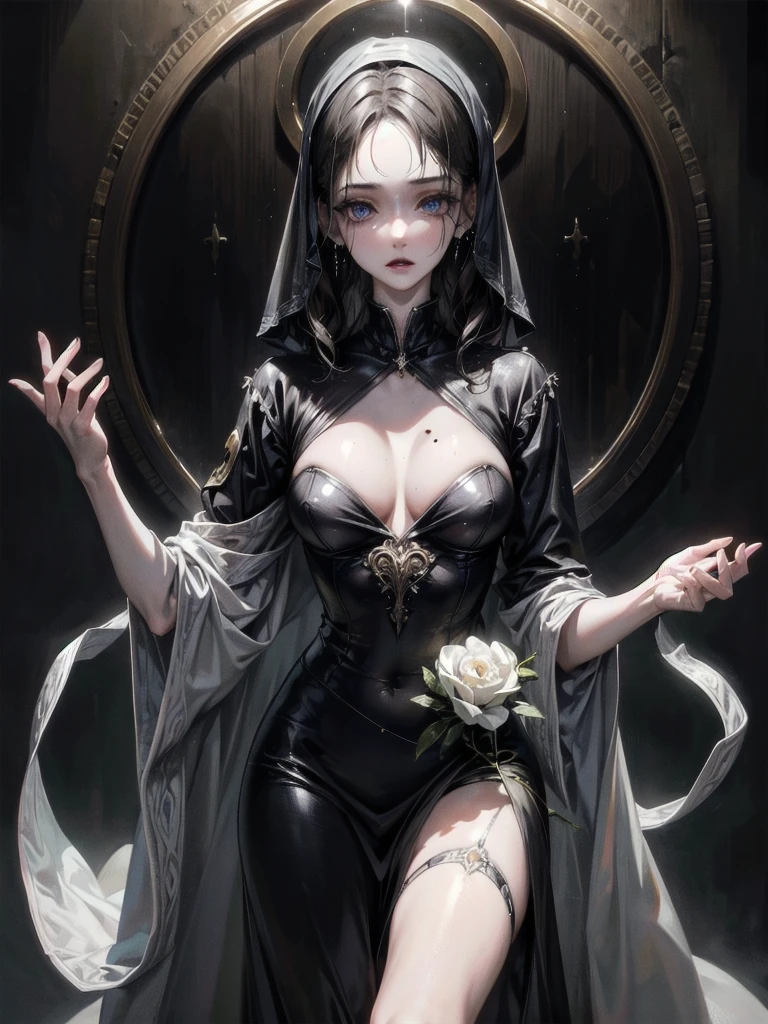 whole body, old mansion, exorcist costume, absurdres, RAW photo, extremely delicate and beautiful, masterpiece, Best Quality, ultra high resolution, 32k, hyperrealistic, ultra-detailed, perfect figure, detailed description, pale skin, 20 years old, detailed beautiful face and eyes, tearful mole, earring, short medium hair, wavy hair,
