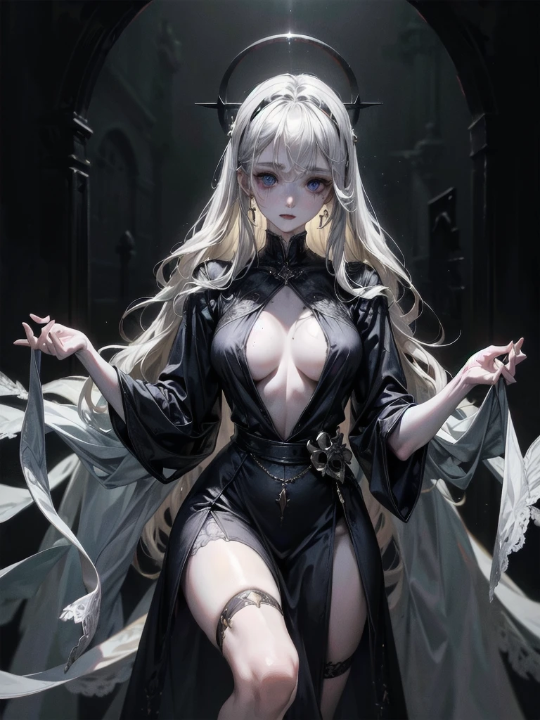 whole body, old mansion, exorcist costume, absurdres, RAW photo, extremely delicate and beautiful, masterpiece, Best Quality, ultra high resolution, 32k, hyperrealistic, ultra-detailed, perfect figure, detailed description, pale skin, 20 years old, detailed beautiful face and eyes, tearful mole, earring, short medium hair, wavy hair,