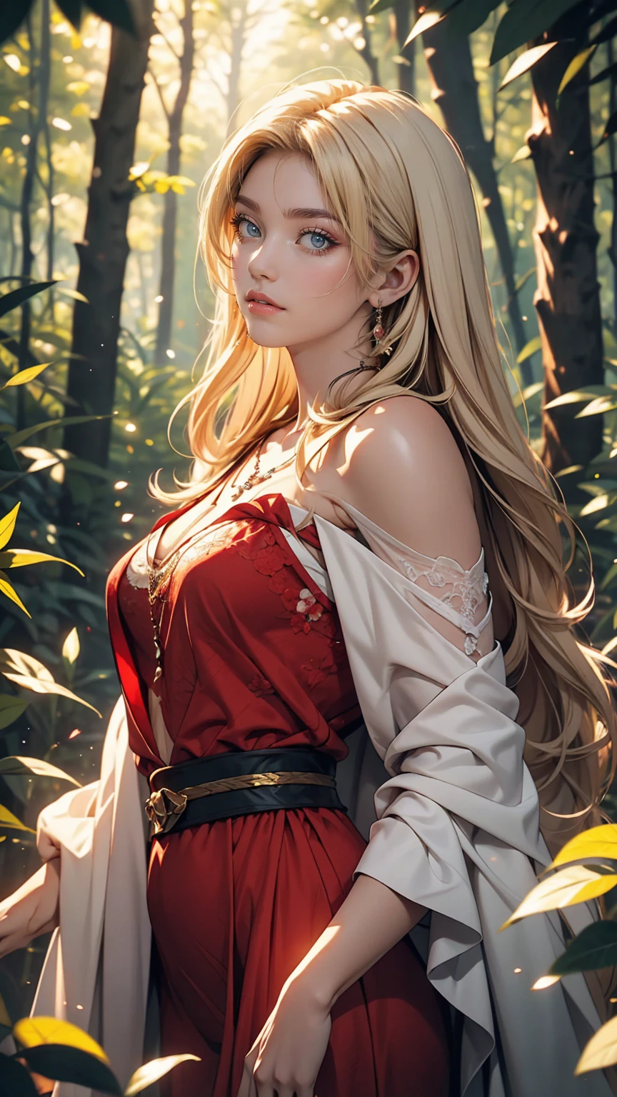 Beautiful girl with long white hair, Fair skin, And red eyes, In the woods with cinematic lighting, It's dark and there's little light. She is wearing a golden white dress, Her eyes were focused, Looking at the audience. Her skin is white, Her face was delicate and perfect., masterpiece, Top quality artwork. This image is an incredibly detailed 8K CG wallpaper., Cinematic tones with artistic cinema lighting and neutral filters.