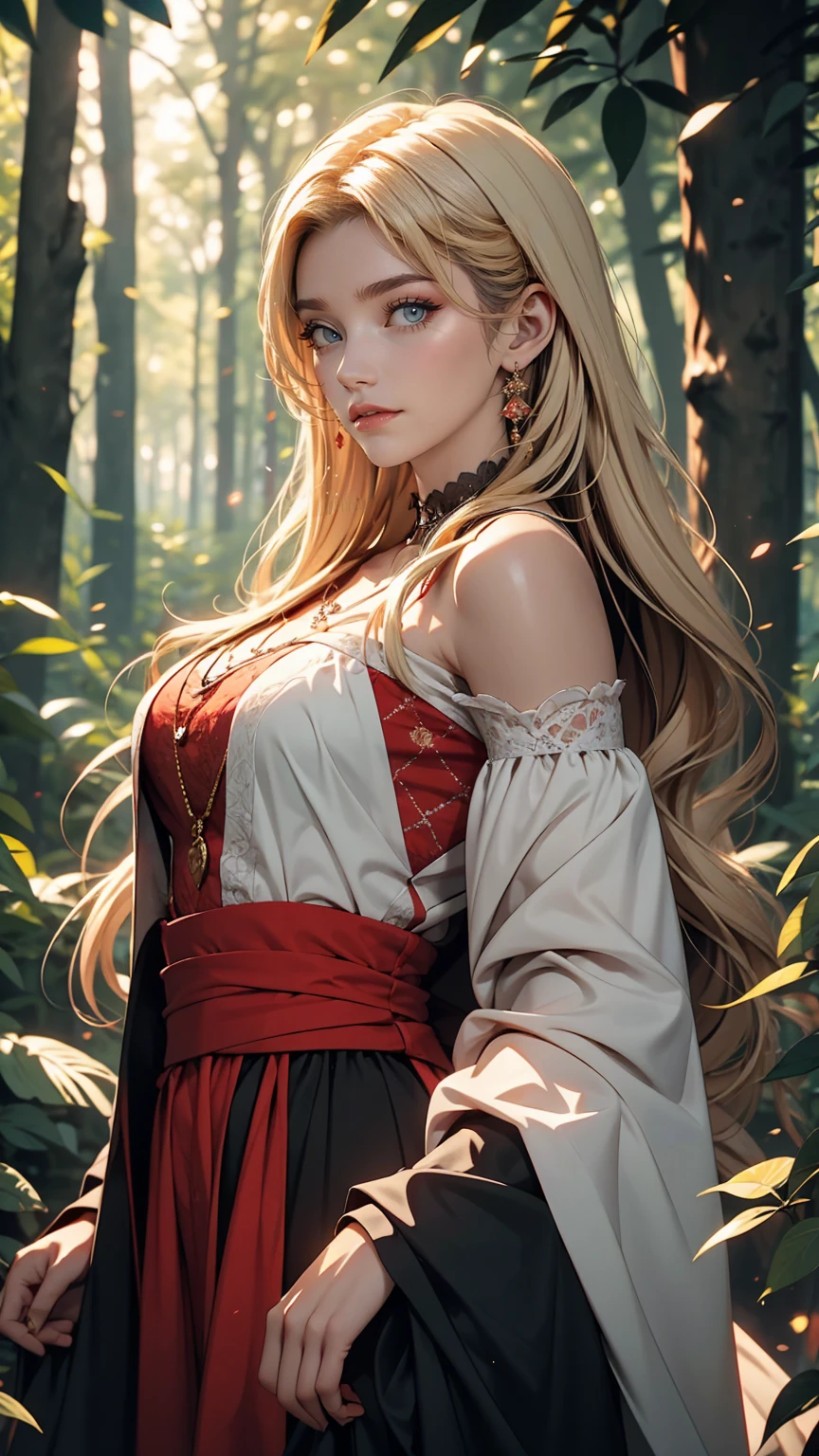 Beautiful girl with long white hair, Fair skin, And red eyes, In the woods with cinematic lighting, It&#39;s dark and there&#39;s little light. She is wearing a golden white dress, Her eyes were focused, Looking at the audience. Her skin is white, Her face was delicate and perfect., masterpiece, Top quality artwork. This image is an incredibly detailed 8K CG wallpaper., Cinematic tones with artistic cinema lighting and neutral filters.