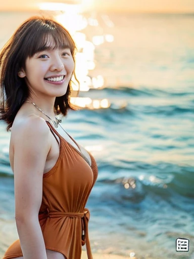 (highest quality、8k、32k、masterpiece、Hmph:1.2)、Cute Japanese Women Photos、Wolf Cut Hair、Brown short hair,(Full Body Shot:2)、(Separate swimsuit with vinyl straps、Her cleavage is visible、necklace、From above),Very delicate face, Skin and Hair,Muscular,thin,High Style,High resolution、coastline sunset、Kind eyes、(Big Breasts)、White teeth、Moisturized lips、Staring at the person behind the person taking the photo、Canon Camera
