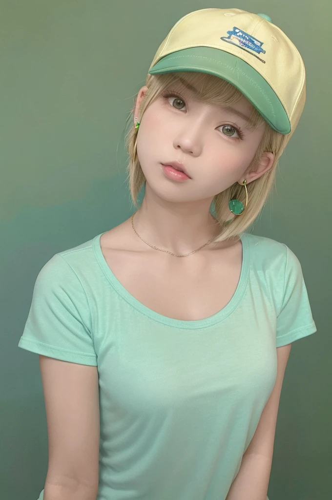 Tetsuya Nomura, masterpiece, highest quality, One girl, Aqua Eye, Baseball cap, Blonde Hair, Mouth closed, Earrings, Green background, Have, hoop Earrings, jewelry, View Viewer, shirt, short hair, Simple Background, alone, Upper Body, yellow shirt 