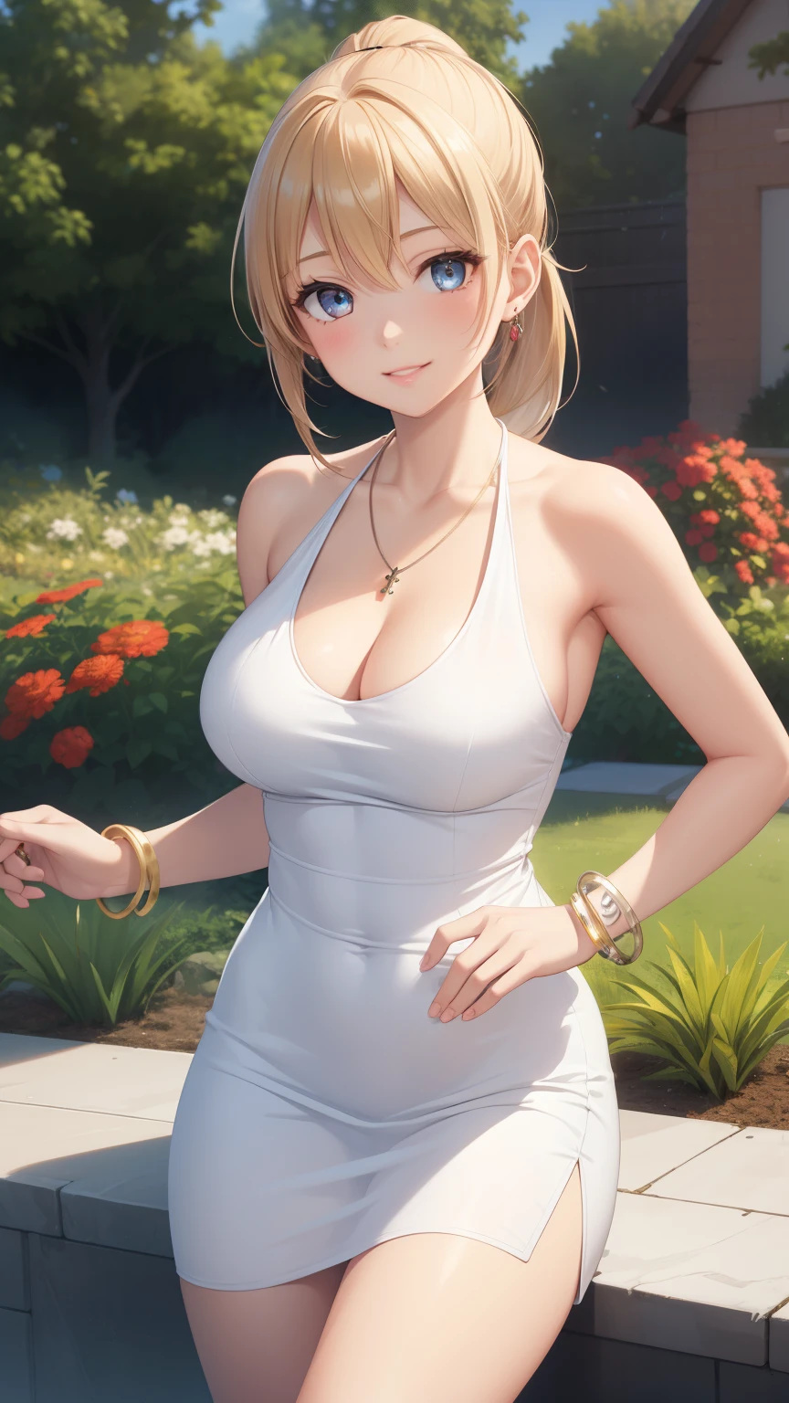 1girl, natural lighting, masterpiece, highly detailed, illustration, game CG, absurdres, high quality, aichan, large breasts, beautiful detailed eyes, medium pale blonde hair, ponytail, bangs, glossy lips, light smile, garden, halter top minidress, bracelets, necklace, jewelry,