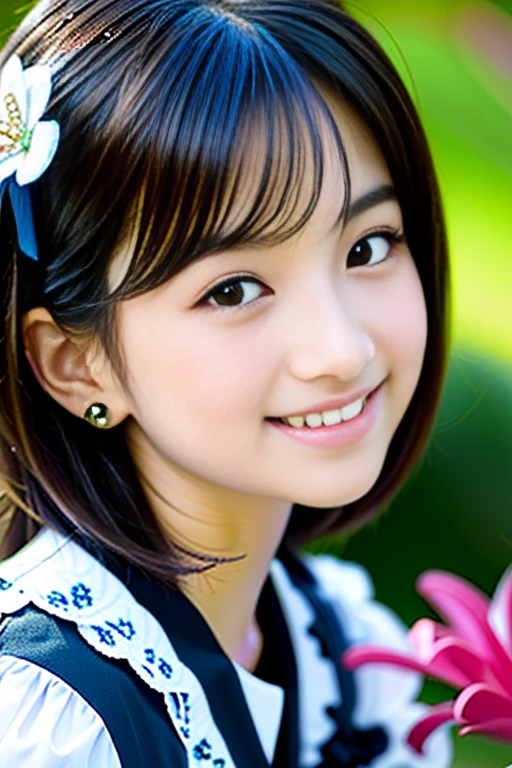(Highest quality details:1.2), Realistic, 8K Ultra HD, High resolution, Fujifilm(Medium format), Hasselblad, Carl Zeiss, Incredible dynamic range photography(utility_art:Smoose-768:1.1), (One Girl:1.2), Super detailed, High quality textures, Intricate details, detailed, Very detailed CG, High Quality Shadows, detailed Beautiful and delicate face, detailed Beautiful and delicate eyes, Depth of written boundary, Ray Tracing, 18 years old, Cute Japanese Girl, Narrow Face, Glossy lips, Glowing Eyes, Glowing Eyes, Perfect body, View the viewer, (Jewelry Earrings), (Eye Color: Brown), (Bright red flower hair ornament), (Long white hair), (Layered Hairstyles), (Classic Gothic Lolita:1.5), Fashion Model Style, face close up, smile