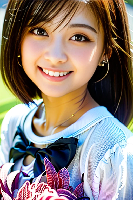 (Highest quality details:1.2), Realistic, 8K Ultra HD, High resolution, Fujifilm(Medium format), Hasselblad, Carl Zeiss, Incredible dynamic range photography(utility_art：Smoose-768:1.1), (One Girl:1.2), Super detailed, High quality textures, Intricate details, detailed, Very detailed CG, High Quality Shadows, detailed Beautiful and delicate face, detailed Beautiful and delicate eyes, Depth of written boundary, Ray Tracing, 18 years old, Cute Japanese Girl, Narrow Face, Glossy lips, Glowing Eyes, Glowing Eyes, Perfect body, View the viewer, (Jewelry Earrings), (Eye Color: Brown), (Bright red flower hair ornament), (Long white hair), (Layered Hairstyles), (Classic Gothic Lolita:1.5), Fashion Model Style, face close up, smile
