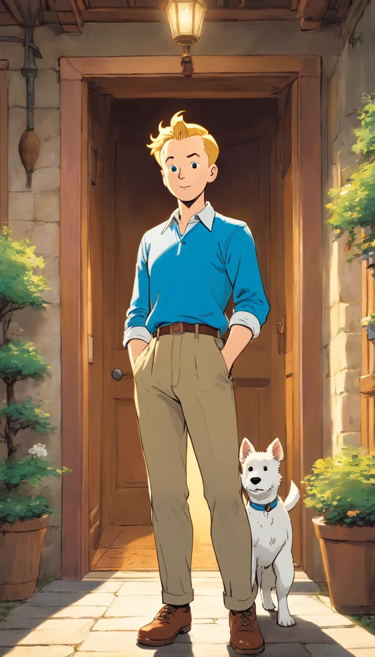 Tintin, male wearing blue long sleeves shirt with white collar and brown cargo pants, short blond hair, herge, european comics, heroic pose, British mansion, with a little white fox terrier dog