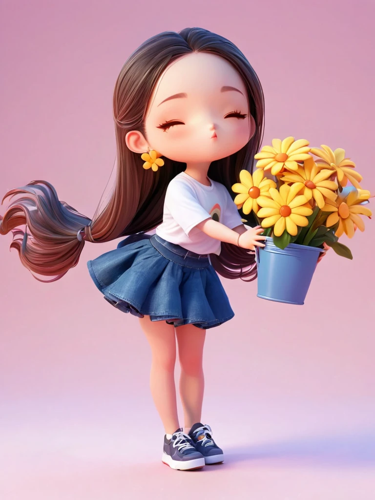 Cute with long hair,wearing heat,Wearing a skirt and jeans,Holding a bucket flower,3D Rendering,Soft color background,specific,chibi anime,Surrealism, Cartoon Style, full-body shot, Super Detail, Anatomically correct, masterpiece, precise
