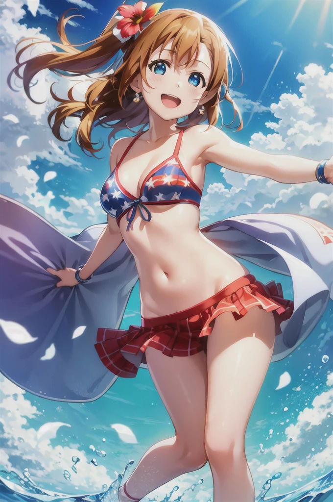 ultra high resolution, highest quality, photograph,one girl、 4k, (realistic:1.4), ponytail、Girl with side ponytail on the right side of the head, Honoka Kosaka、blue eyes、、date、blue sky、Smiling innocently、happy expression、(People and landscape ratio 3:1)、idol costume、sing、singer、Sing in the Flower Field、big breasts、happy birthday、Celebrates、Party