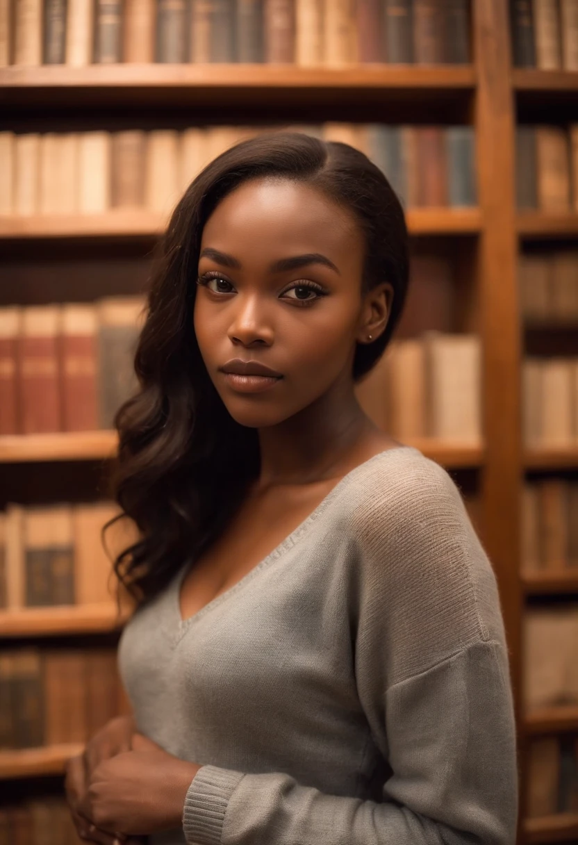 The 26 year old african model in a cozy sweater and jeans, browsing the shelves of a quaint, dimly lit bookstore, with stacks of old books and wooden shelves creating a nostalgic atmosphere.