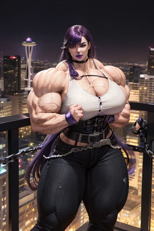 ((((Massive, beautiful, buff, pale white skinned, muscular woman with violet purple hair, black lipstick, ginormous bulky muscles and wearing a beautiful black unbuttoned blouse with black denim pants)))), (close view), massive muscles, massive biceps, hyper muscle triceps, (long hair with long bangs), black denim pants, (chain belt), black eyes, (chained gauntlets), high heels boots, (on top of the Seattle space needle), night, smug smirk, hyper muscles arms, hyper muscle legs, massive arms.