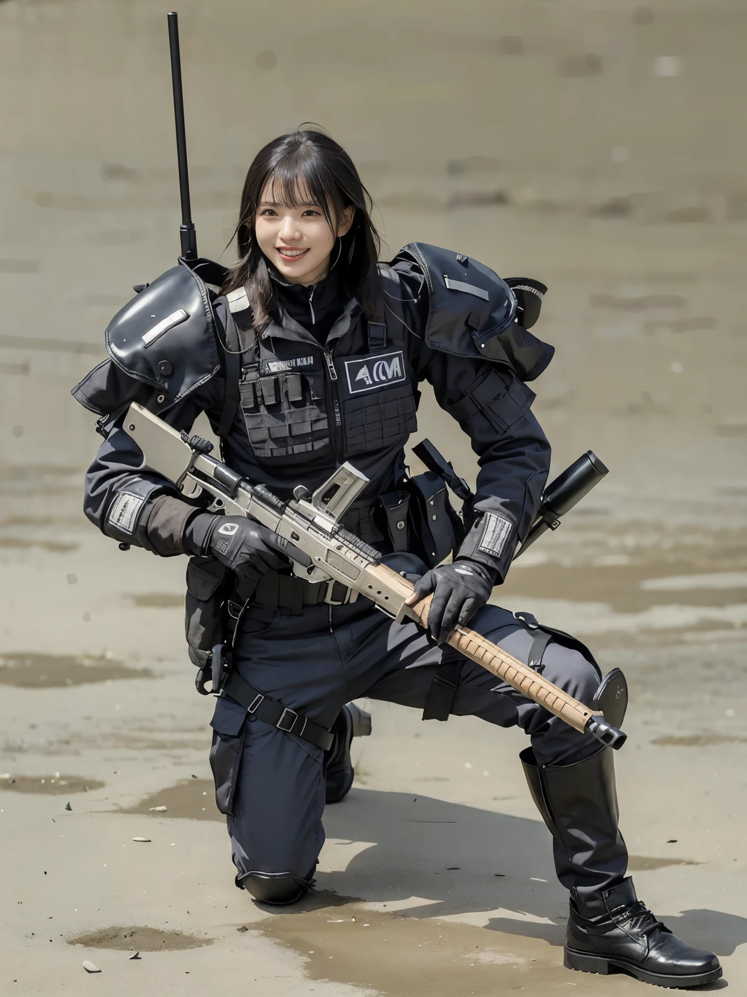 1 Girl、solo、Red Hair、ponytail、gloves、Long sleeve、Jacket、arms、Cowboy Shot、黒いgloves、pants、Urban area、armsを持っている、黒いJacket、gun、military、Thigh straps、Grounding to the ground、gunを持っている、rifle、Realistic、アサルトrifle、holster、Tactical clothing、Bulletproof vest