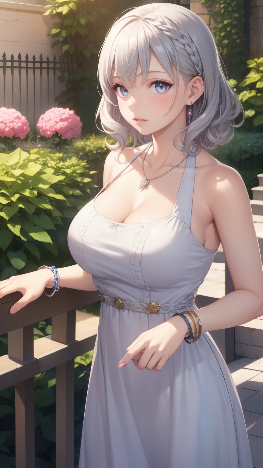 1girl, natural lighting, masterpiece, highly detailed, illustration, game CG, absurdres, high quality, aichan, large breasts, beautiful detailed eyes, medium silver hair, curly hair, bangs, glossy lips, garden, halter top dress, bracelets, necklace, jewelry,