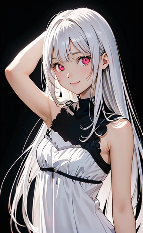 (Photorealistic:1.4)、asuna,(masterpiece、Side light、Exquisite beautiful eyeonochrome:1.5,portlate、)、Cute Face、 3D Face、(white hair:1.5、Straight Hair)、(1 Girl)、(Red eyes:1.2)、(upper body)、(Sundress)、 (Cute face:1.2),(light smile:1.2),kind face,(Small breasts),(black background:1.5)、(glowing eyes:1.3)、()、 Neat and clean、Adorable、Slim Body(Tareme:1.5),Shiny Hair、(Glowing pink Skin)、Nijisketch,Manga,zydG