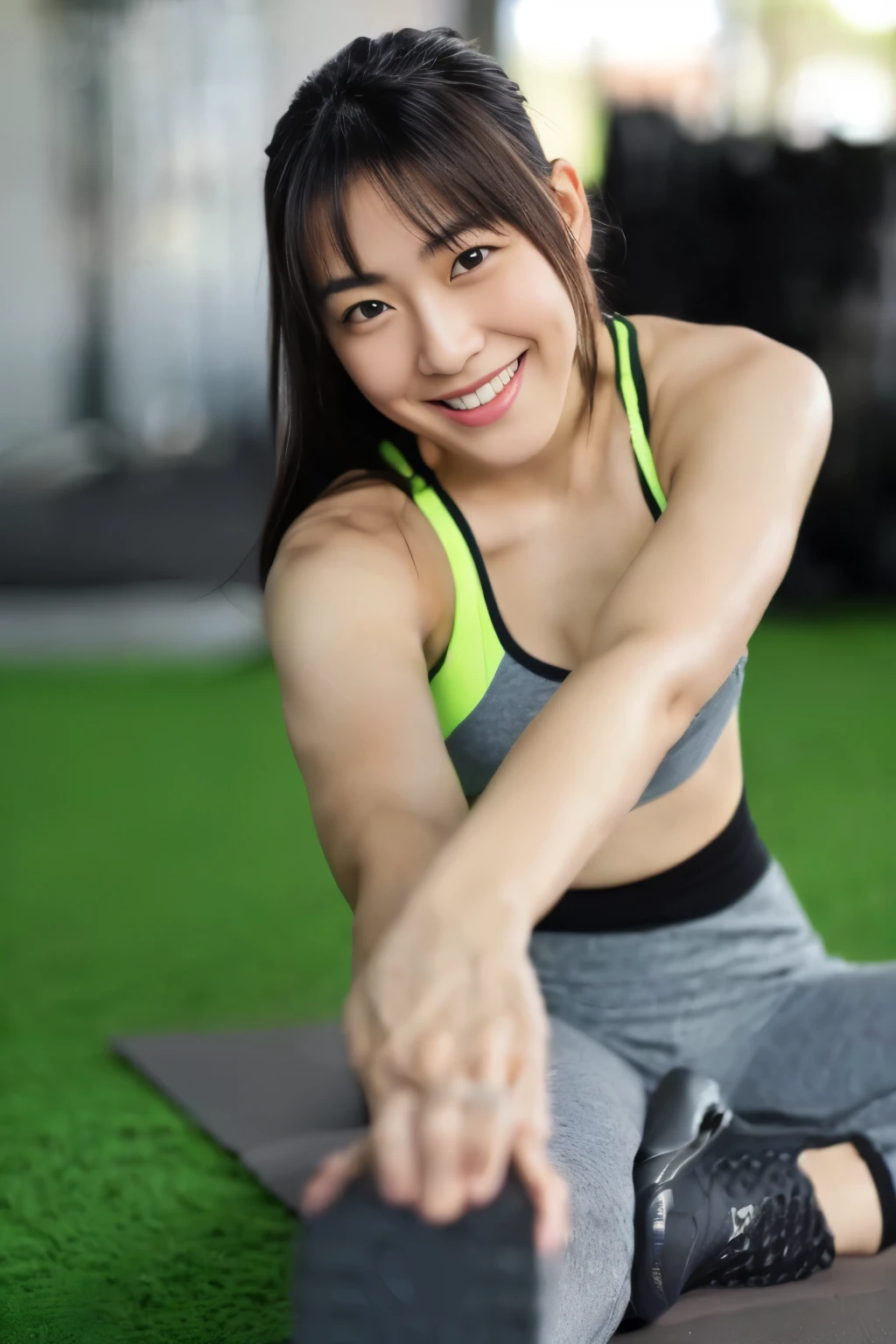 a close up of a woman stretching on a mat At the gym, Healthy girl, a healthy woman, an Asian woman, a young Asian woman, Wear fitness gear, Asian woman, Cottagecore!! Fitness Body, Asian woman, Asian Woman, Beautiful face with arms and legs, Healthy Body, Exercise, young Asian woman, At the gym, Sporty physique