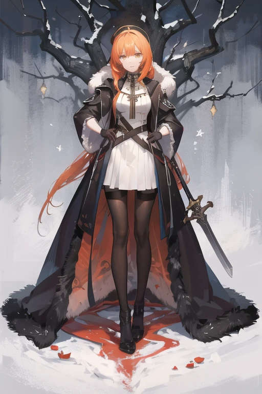 20 year old girl, stern yellow golden eyes, waist length orange haired, 164 cm tall, military style knee length black dress with long sleeves, fleece lined black opaque pantyhose, wearing calf length combat boots, wearing black gloves, hooded fur lined medieval cloak, standing, fantasy northern snow forest background, holding a longsword, anime girl fantasy style, anime 2d