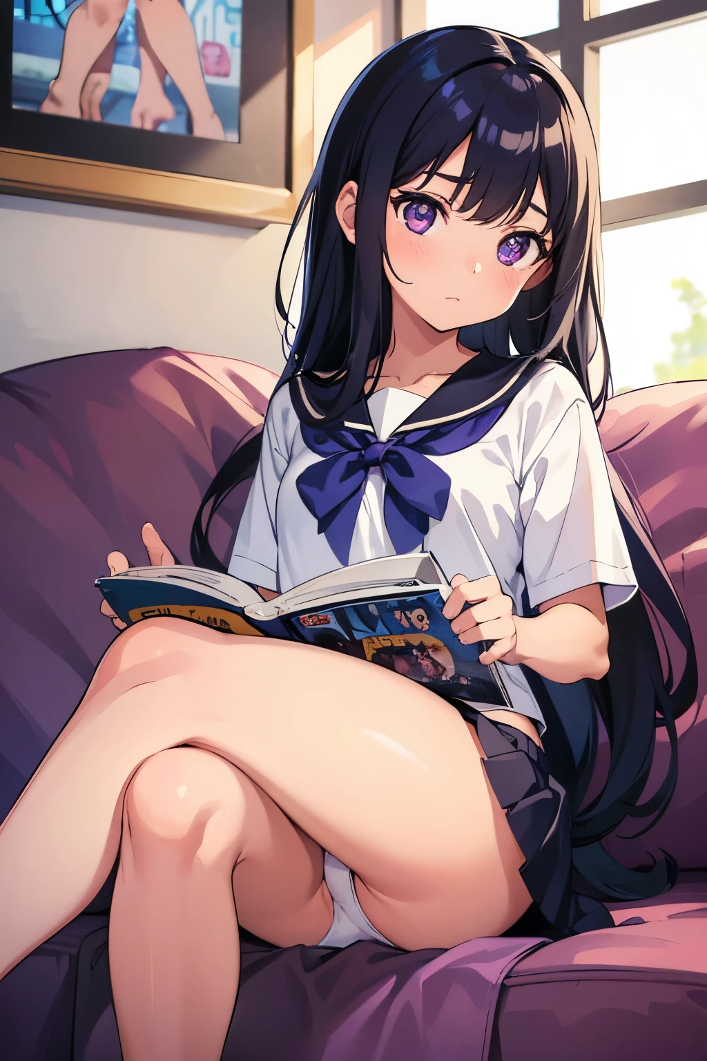 Elementary school girl, , A cup breasts, black hair, long hair, purple eyes （one person） Plain white upper body, short sleevesＴShirt, navy blue miniskirt, white panties（（I can see her panties）） Barefoot Girls Room 　sitting on the sofa reading a magazine （（I can see her panties）） Dynamic angle Low angle
