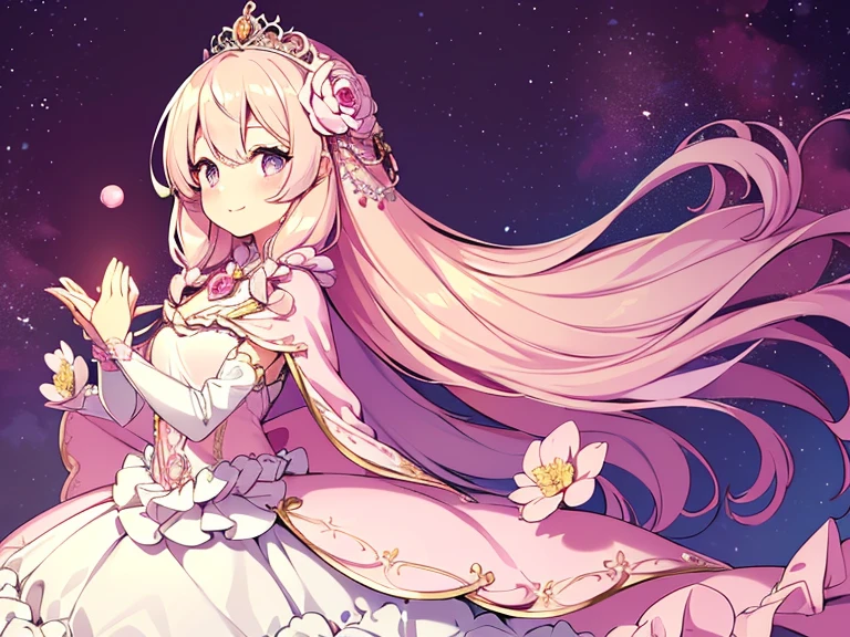 (kawaii),(best quality),(ultra detailed),(rococo style),(long train pastel pink cape:1.15), very long cape,(long train white ball gown with flower decorations:1.1), a girl is wearing a cape over her gown, 1 little princess, tiara, smile, very long hair, small breasts, beautiful detailed eyes, beautiful detailed lips, looking at viewer