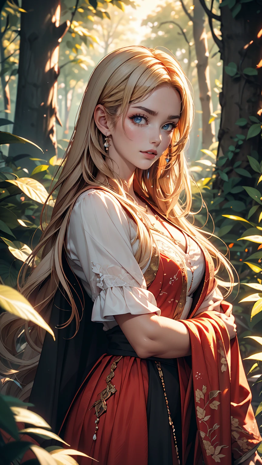 Beautiful girl with long white hair, Fair skin, And red eyes, In the woods with cinematic lighting, It&#39;s dark and there&#39;s little light. She is wearing a golden white dress, Her eyes were focused, Looking at the audience. Her skin is white, Her face was delicate and perfect., masterpiece, Top quality artwork. This image is an incredibly detailed 8K CG wallpaper., Cinematic tones with artistic cinema lighting and neutral filters.