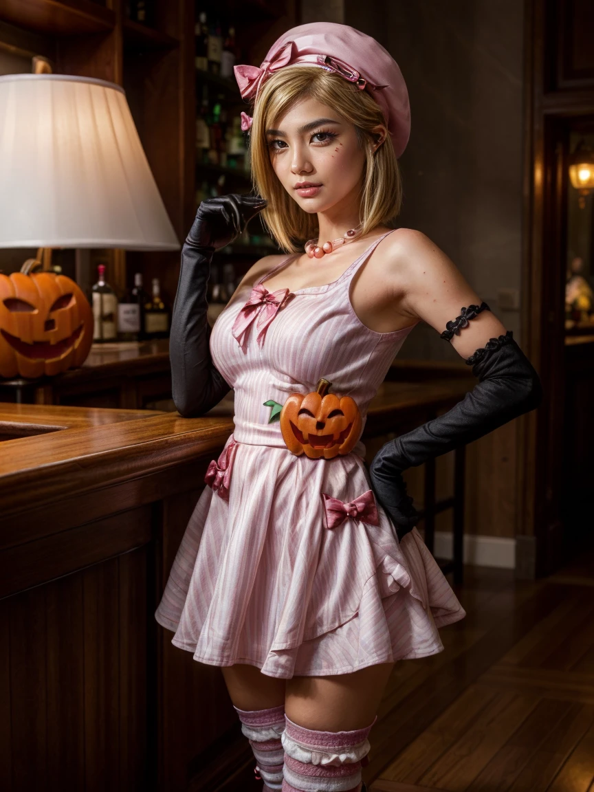 (1 lady), The beautiful, (Best quality at best:1.4), (ultra - detailed), (extremely detailed CG unified 16k), gold blonde hair, very detailed, High-definition RAW color photo, professional photoshooting, amazing face and eyes, cosmetics, (amazingly beautiful girl), ((lambdadelta)), ((dress, shoes bow, red shoes, striped stockings, red bow, pink hat, necklace, gloves, pearl, pumpkin brooch, pink dress)), standing, sexyposture,(Dark and stylish bar, drinks, lamp lights, lamp lights:1.3), (look from down), realistic cinematic face, head to feet long wide zoomed out view, full body long view, photorealistic, ((realistic natural blonde hair style, honey eyes)), gorgeous, extremely beautiful face, perfect model beauty, pout mouth, flirting smile, cleavages, city girl, western, shopping in the city, (masterpiece), best quality, high resolution, extremely detailed, blurred background, depth of field, cinematic lighting, amazing legs, high heels, clear and well-cared skin